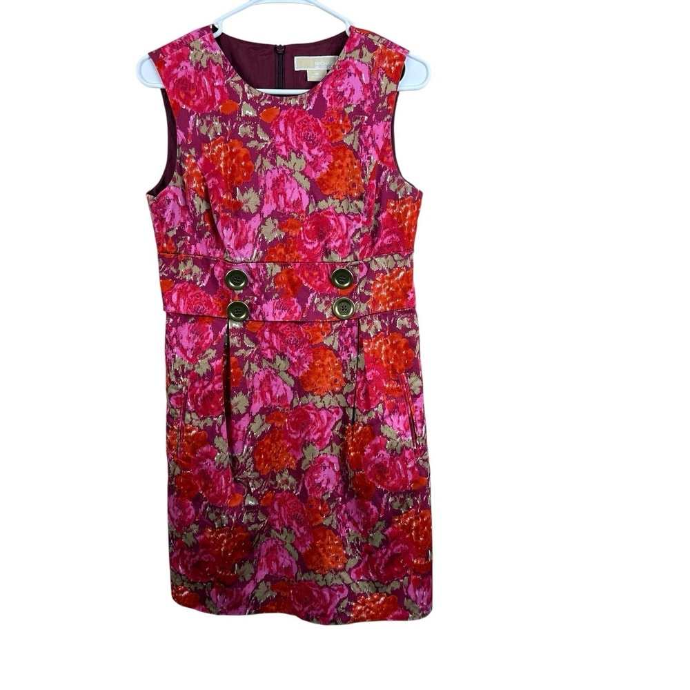 MICHAEL KORS Womens Pink Red Floral Dress Button Detail Pockets Size 8 EUC